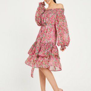 Styli Closet Off Shoulder Ditsy Print Layered Knee Length Dress S